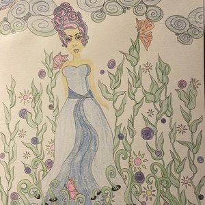 Unframed Original Art Watercolour & Pencil Crayon Whimsical Beauty in Garden
